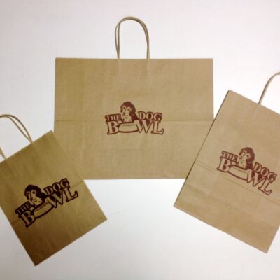 Dog Bowl-Natural Kraft paper shoppers printed 1 color brown ink-8x5x10"small-10x5x13" medium-16x6x12"large